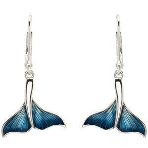 alt= sterling silver pair of blue whale fin drop earrings sits on white background