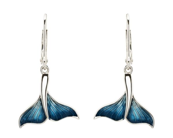 alt= sterling silver pair of blue whale fin drop earrings sits on white background