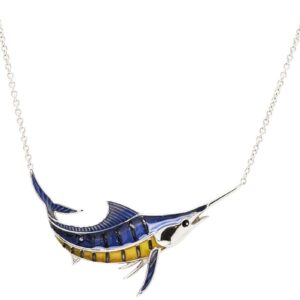 alt= sterling silver blue and yellow swordfish necklace sits on white background