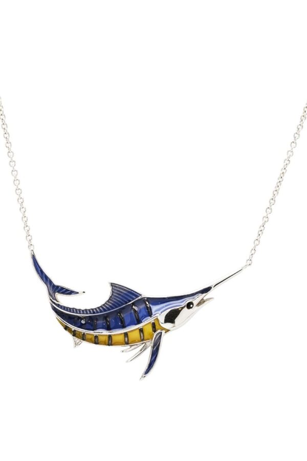 alt= sterling silver blue and yellow swordfish necklace sits on white background