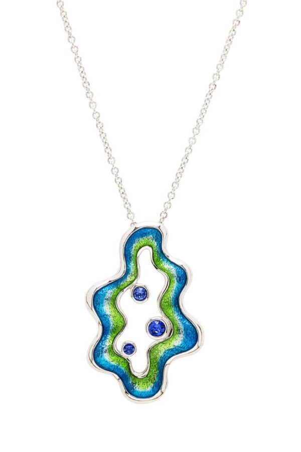 alt= sterling silver green and blue bubble and waves necklace sits on white background