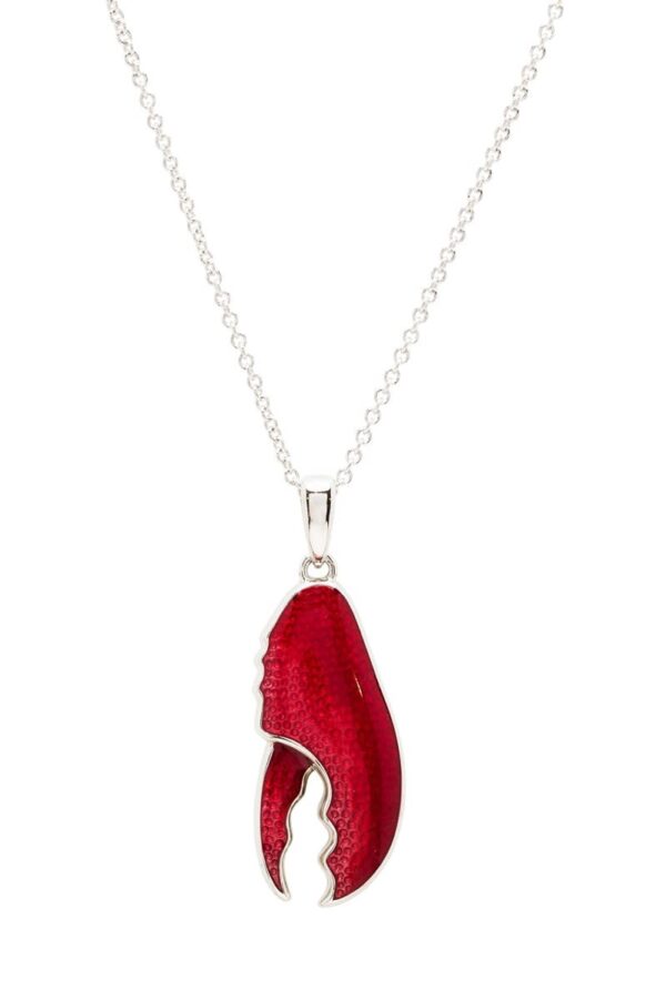 alt= sterling silver red lobster claw necklace sits on white background
