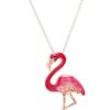 alt= sterling silver pink flamingo with cartoonish eye necklace sits on white background