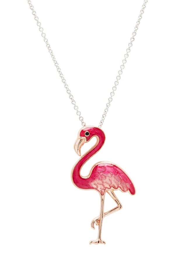 alt= sterling silver pink flamingo with cartoonish eye necklace sits on white background