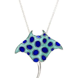 alt= sterling silver teal manta ray necklace with blue polkadots sits on white background