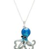 alt= sterling silver blue octopus with cartoonish eye necklace sits on white background