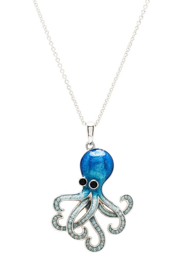 alt= sterling silver blue octopus with cartoonish eye necklace sits on white background