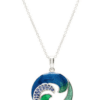 alt= sterling silver green and blue circular waves necklace sits on white background