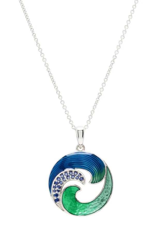 alt= sterling silver green and blue circular waves necklace sits on white background