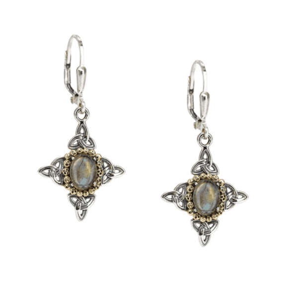 alt= ornate Keith Jack dangle earrings with a white pearl center stone on sterling silver with a white background