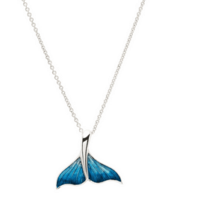 alt= sterling silver blue whale fin necklace sits on white background