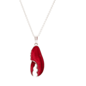 alt= sterling silver red lobster claw necklace sits on white background