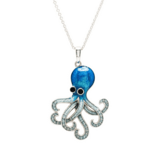alt= sterling silver blue octopus with cartoonish eye necklace sits on white background