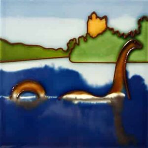 alt= a wall tile depicting a stylized Nessie swimming in blue water with grassy background