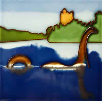 alt= a wall tile depicting a stylized Nessie swimming in blue water with grassy background