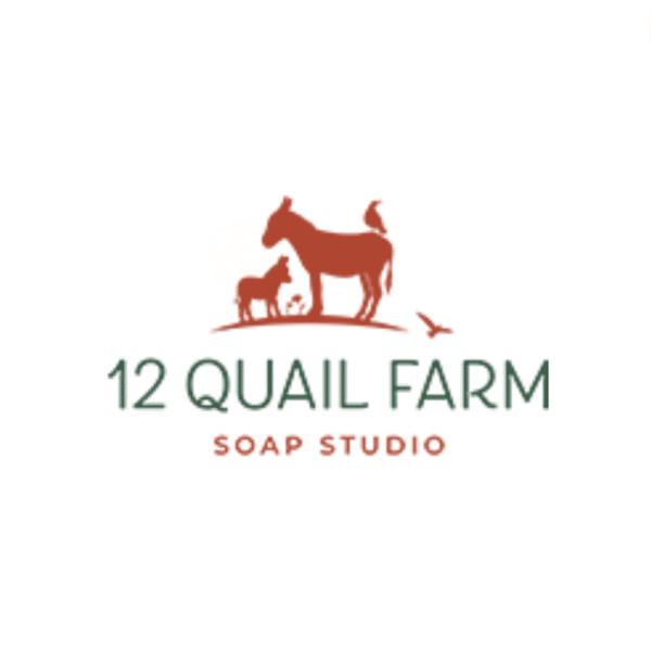 Celtic-inspired logo with knotwork, donkey, goat, chicken, bird above “12 Quail Farm Soap Studio” in earthy tones on white.