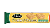 Bolands Custard Creams 150g packaging featuring two creamy, sandwich biscuits on a blue background with nutritional information displayed at the bottom.