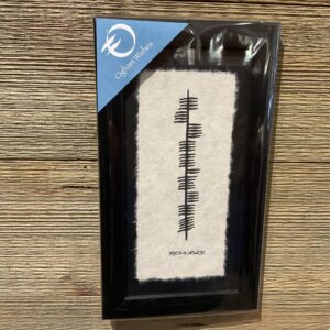Irish Ogham Resilience 11x6: Framed, textured backdrop, Rest Well label; green hues, Celtic knots; plastic-wrapped on wood wall.