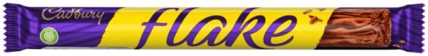 An iconic Irish Cadbury Flake Bar, wrapped in vivid purple-gold foil, famed for its delicate, crumbly milk chocolate layers.