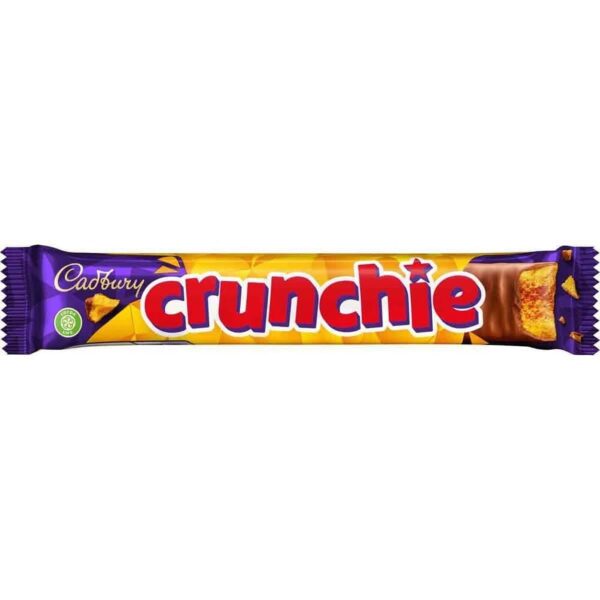 Irish-origin Cadbury Crunchie Bar in golden yellow wrapper with bold purple accents, evoking classic Celtic vibrancy.