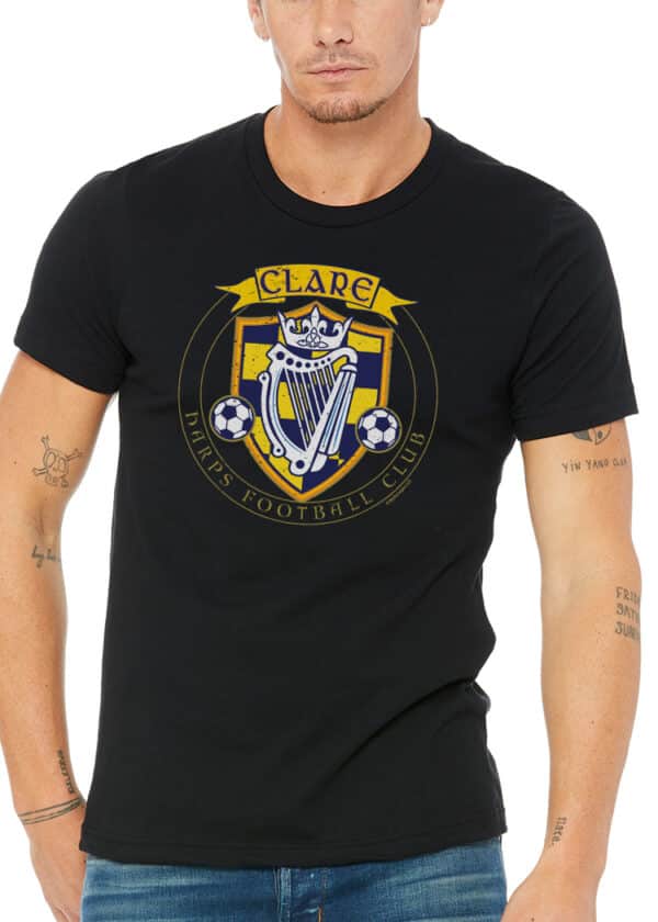 Irish black tee with Clare Harts FC crest; gold harp, crown, Celtic knots—symbols of heritage and soccer pride.