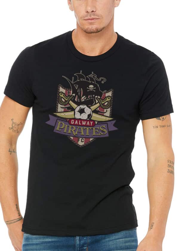 An Irish black cotton T-shirt featuring Galway Pirates FC’s Celtic-inspired pirate soccer crest with bold gold and green accents.