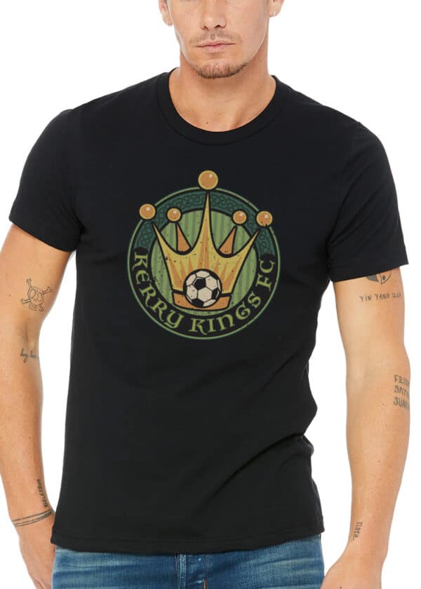 Irish-inspired black t-shirt with Kerry Kings FC crest: crowned soccer ball, Gaelic motifs, evoking Celtic pride and heritage.