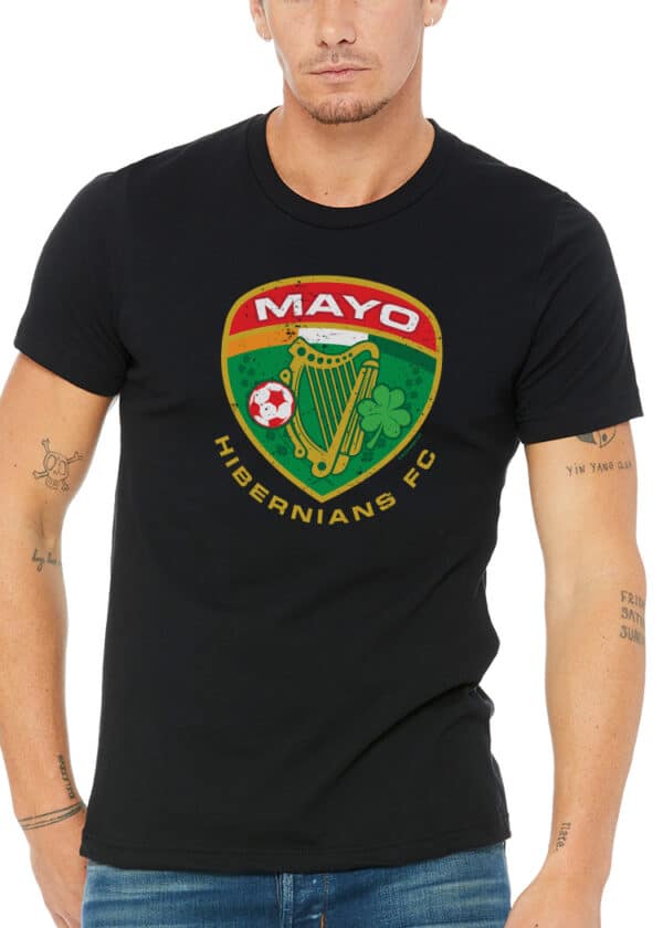 An Irish-style black t-shirt with Mayo Hibernians FC crest, showcasing a Celtic harp, shamrock, and soccer ball in vibrant green and gold.