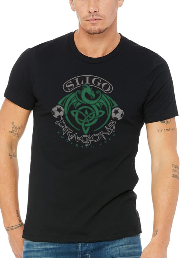 Irish man in a black Sligo Dragons FC t-shirt with Celtic green dragon, twin soccer balls, and traditional knotwork accents.