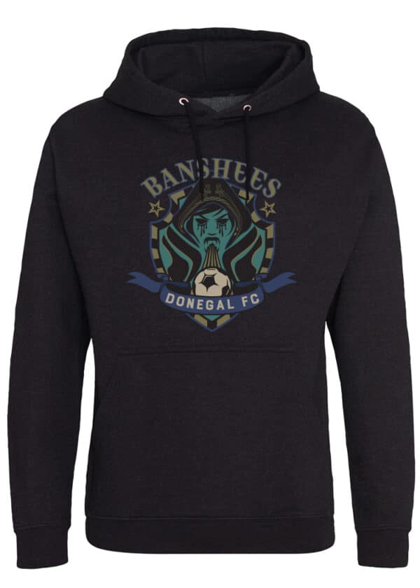 Black Irish hoodie with Banshees Donegal FC crest, Celtic knotwork, gold stars, blue ribbon; celebrates Gaelic heritage.