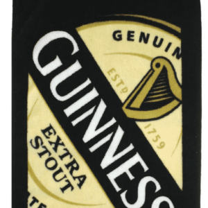 Irish bar towel in black and gold, featuring Guinness Extra Stout logo, harp emblem, c.1759; absorbent cotton pub essential.
