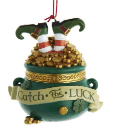 Irish-inspired Pot o’ Gold ornament with elf legs, Celtic knot motifs, and “Catch the Luck”; vibrant green, gold accents.