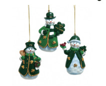 Set of 3 Irish snowmen ornaments in green with shamrocks, pipes, gold strings; celebrating Celtic luck and St. Patrick’s Day heritage.