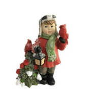 Irish porcelain figurine of a lad in Aran-patterned winter coat with lantern, red cardinal, snowy holly; celebrates Celtic Yuletide.