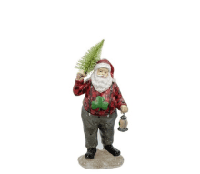 Scottish-inspired Lumberjack Santa figurine in classic red tartan plaid, gray woolen trousers, holds fir tree and lantern—heritage charm.