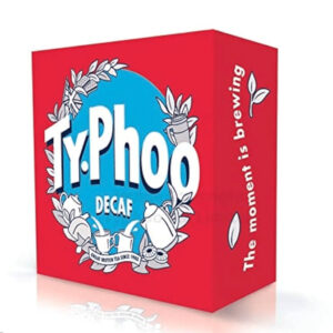 Heritage-inspired Typhoo Decaf 120ct Irish tea box; bold red with Celtic knot motifs, perfect for soulful evening brews.