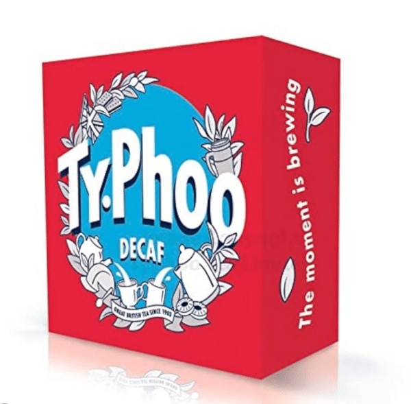 Heritage-inspired Typhoo Decaf 120ct Irish tea box; bold red with Celtic knot motifs, perfect for soulful evening brews.