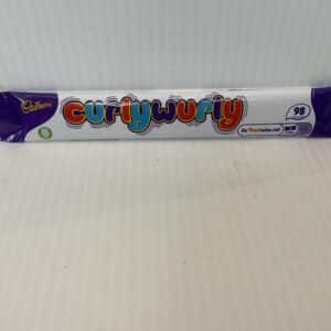 An iconic British Cadbury Curly Wurly bar in a vintage white wrapper with playful, retro lettering; classic nostalgic treat.