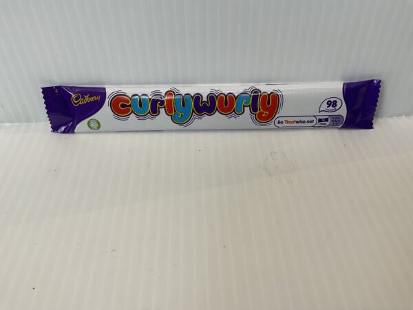 An iconic British Cadbury Curly Wurly bar in a vintage white wrapper with playful, retro lettering; classic nostalgic treat.