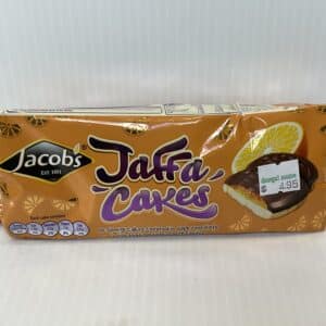 Irish-made Jacob’s Jaffa Cakes 150g, classic orange swirl design, rich tradition in soft sponge and chocolate heritage treat.