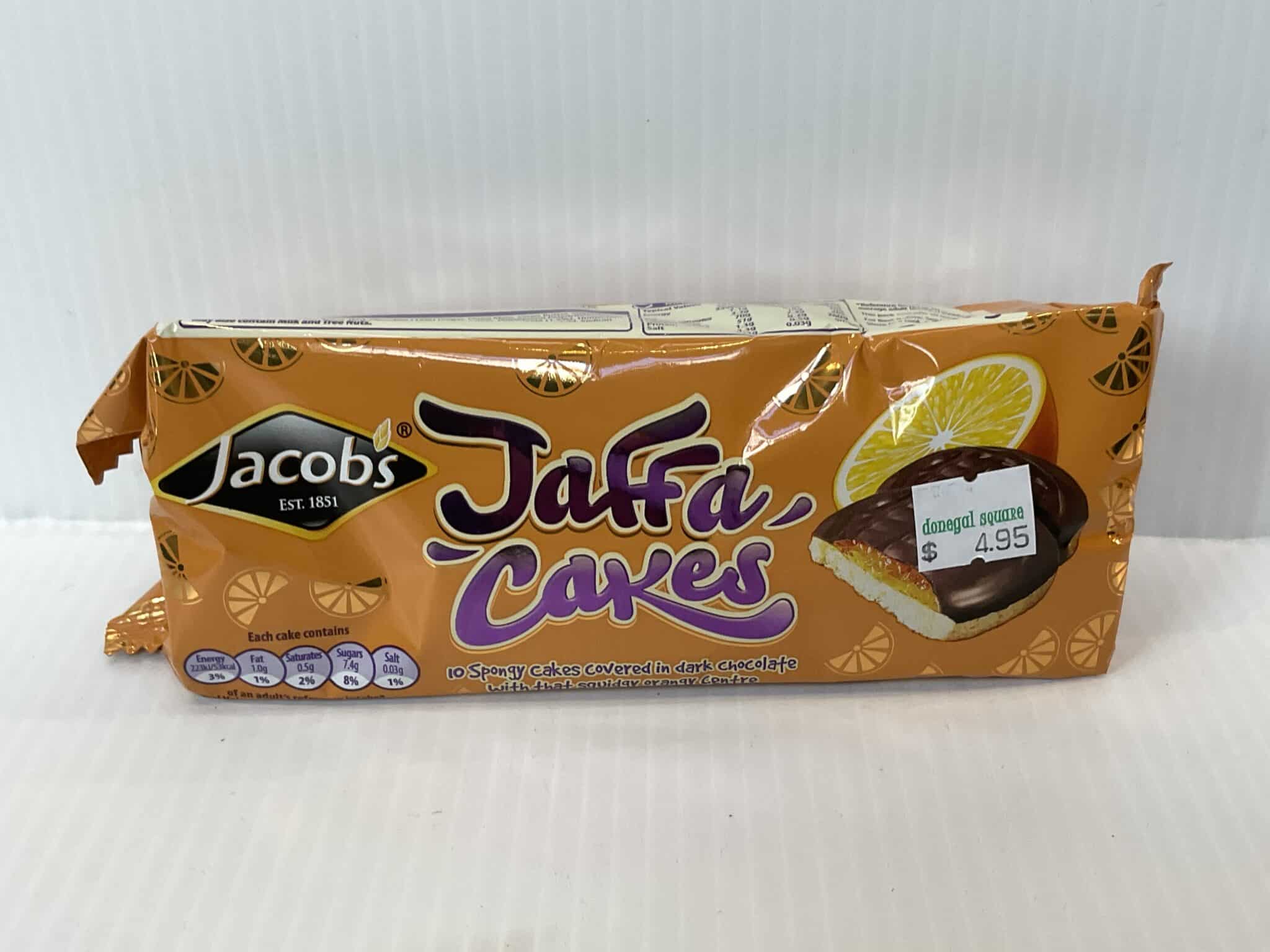 Irish-made Jacob’s Jaffa Cakes 150g, classic orange swirl design, rich tradition in soft sponge and chocolate heritage treat.