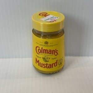 A classic Colman’s English Mustard jar with a bright yellow lid, featuring iconic British branding, perfect for savory dishes.