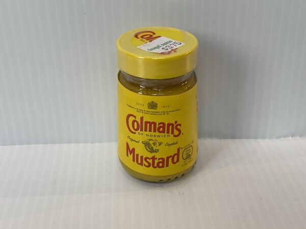 A classic Colman’s English Mustard jar with a bright yellow lid, featuring iconic British branding, perfect for savory dishes.