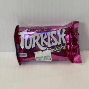 51g Fry’s Turkish Delight bar in vibrant pink wrapper with gold Celtic knot motifs, €2 Irish price tag, classic sweet treat.