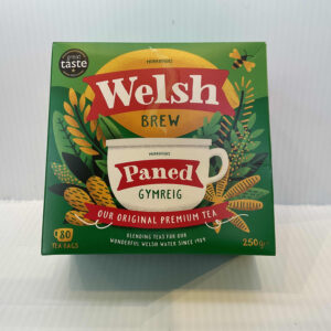 Welsh Brew tea box with Celtic knotwork, rich green hues, and “Paned Gymreig”; 80 authentic Welsh tea bags for daily brewing.