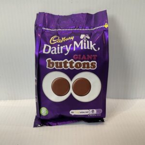 Rich purple Cadbury Buttons pouch, 119g, with iconic Celtic lettering; two chocolate buttons evoke cherished British treat heritage.
