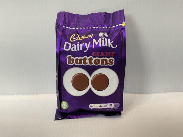 Rich purple Cadbury Buttons pouch, 119g, with iconic Celtic lettering; two chocolate buttons evoke cherished British treat heritage.