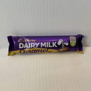 Irish Cadbury Caramel Bar, 45g; rich purple and gold foil, classic Celtic-inspired swirls; a beloved chocolate indulgence.