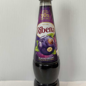 Blackcurrant Ribena 850ml bottle with gold cap, rich purple hues, and classic heritage label—British tradition in every pour.