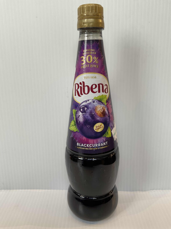 Blackcurrant Ribena 850ml bottle with gold cap, rich purple hues, and classic heritage label—British tradition in every pour.